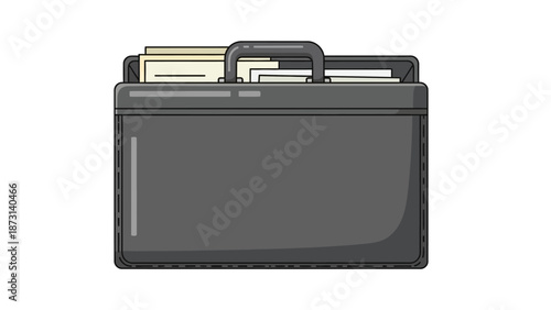Modern gray briefcase with handle and documents inside