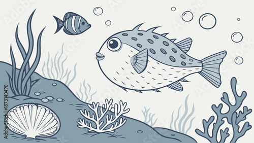 Underwater World with Pufferfish and Striped Fish Illustration.