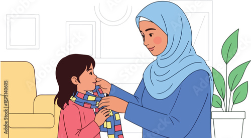 Muslim mother helping her daughter put on a scarf at home.