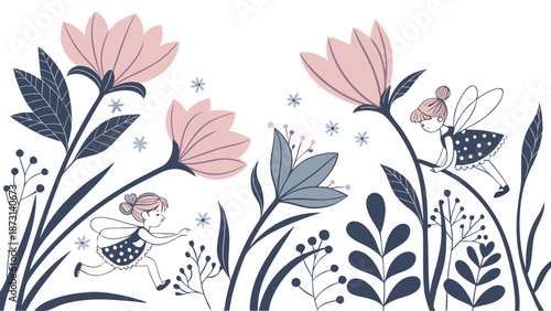 Whimsical Fairy Garden Illustration with Flowers and Fairies.