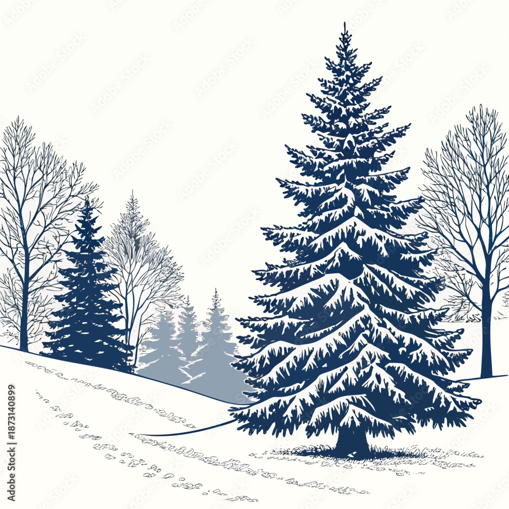 Obraz premium Winter Landscape with SnowCovered Trees and Footprints.