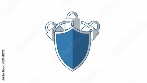 Secure protection concept with blue shield and multiple locks