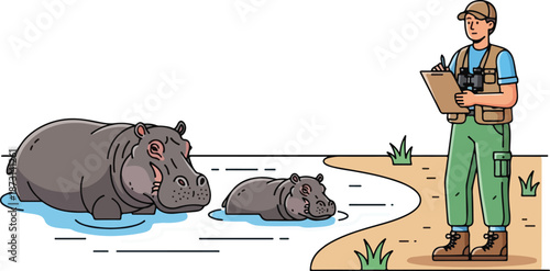 Wildlife biologist observing hippos in their natural habitat.