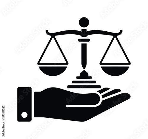 Black vector illustration of hand holding balanced scales of justice