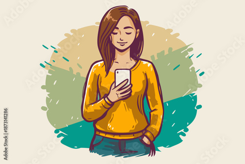 Woman with a phone. Simple vector illustration of one person, full length, calm pose, flat style, clean shapes, soft colors, no complex details, no background, white background, commercial illustratio