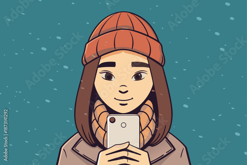 Woman with a phone. Simple vector illustration of one person, full length, calm pose, flat style, clean shapes, soft colors, no complex details, no background, white background, commercial illustratio