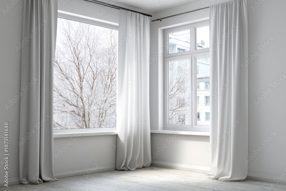 Fototapeta premium Interior with white curtains frames a serene winter tree view.