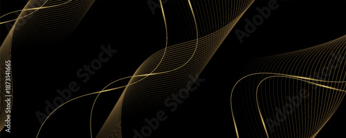 Abstract Gold Waves Design. Shiny golden moving lines design element with glitter effect on dark background for Business card.