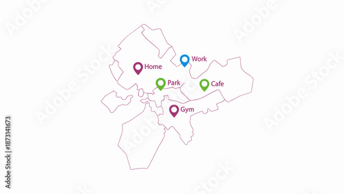 City map with marked locations for home, work, park, cafe, and gym