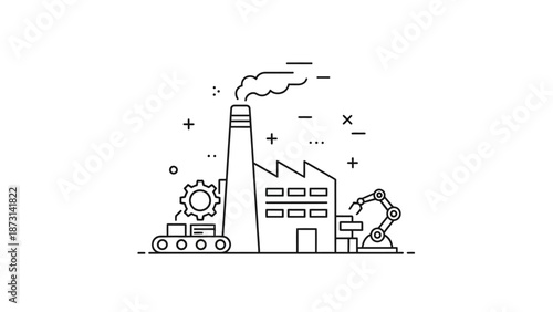 Modern industrial factory with robotic arm and smokestack
