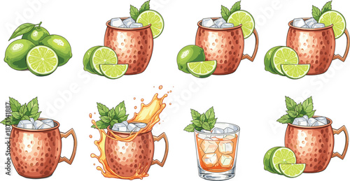 Moscow mule cocktail set with copper mugs, lime slices, ice cubes, refreshing drink vector illustration