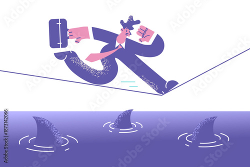 Scared man run on thin rope above sharks