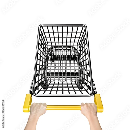 Top down view of two hands holding a metal silver shopping cart with yellow handle isolated on white background