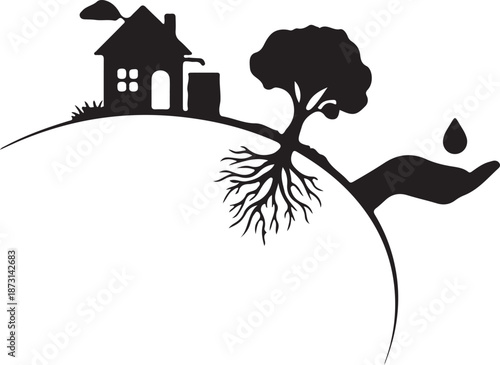Ecofriendly house with tree and roots on hill isolated on transparent background