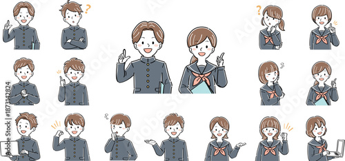 制服姿の男女の学生の上半身イラストセット・様々なポーズと表情（説明、案内、疑問）