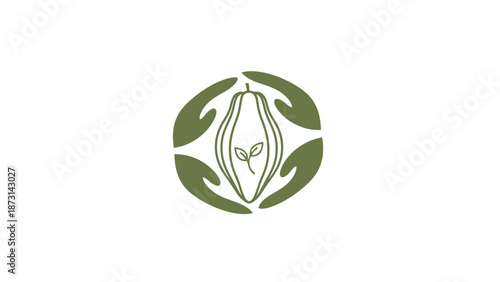 Eco friendly cocoa pod logo with green leaves and hands