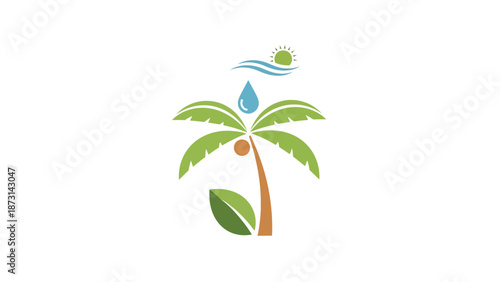 Eco friendly palm tree with water drop and sun symbol