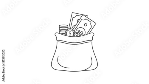 Money bag filled with cash and coins for financial success