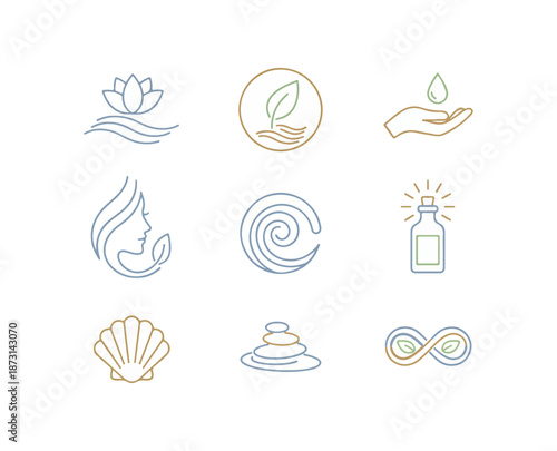 Wellness icons set water lily leaf hand flame circle bottle shell stones infinity