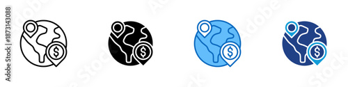 Global Economy Multiple Style Icon Design Vector - World map with location pin and currency symbol, representing international trade, finance, and economic connectivity