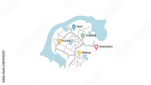Modern city map with journey route marked from start to destination