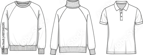 Mens casual tops technical fashion template featuring sweatshirt turtleneck sweater and polo shirt styles, classic apparel collection, cad drawing flat vector illustration