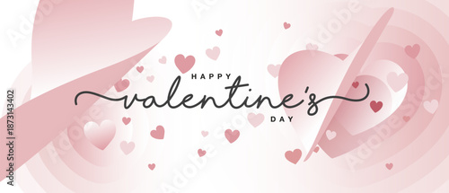 Happy Valentines Day handwritten calligraphy. Love Valentine vibes with beautiful flying blow wind hearts. Greeting card with love pastel pink background