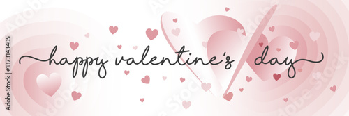 Happy Valentines Day handwritten calligraphy. Love Valentine vibes with beautiful flying blow wind hearts. Greeting card with love pastel pink background banner