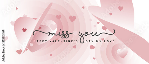 Miss you Happy Valentines Day handwritten calligraphy. Love Valentine vibes with beautiful flying blow wind hearts. Greeting card with love pastel pink background