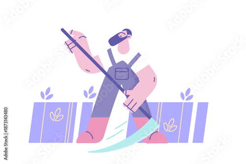 Man reaper cut harvest in field with scythe