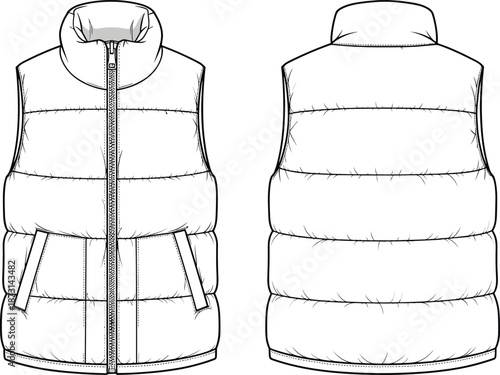 Men's padded vest technical fashion illustration, front and back view CAD drawing flat vector illustration for outerwear design, winter apparel development, production ready garment template