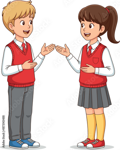 Boy and girl students in school uniforms talking together 2