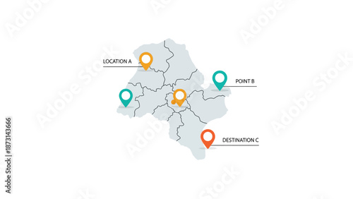 Map with marked locations and destinations for navigation