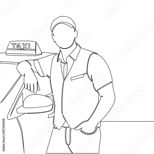 Continuous one single line drawing Taxi driver standing near his car waiting for passengers icon vector illustration concept
