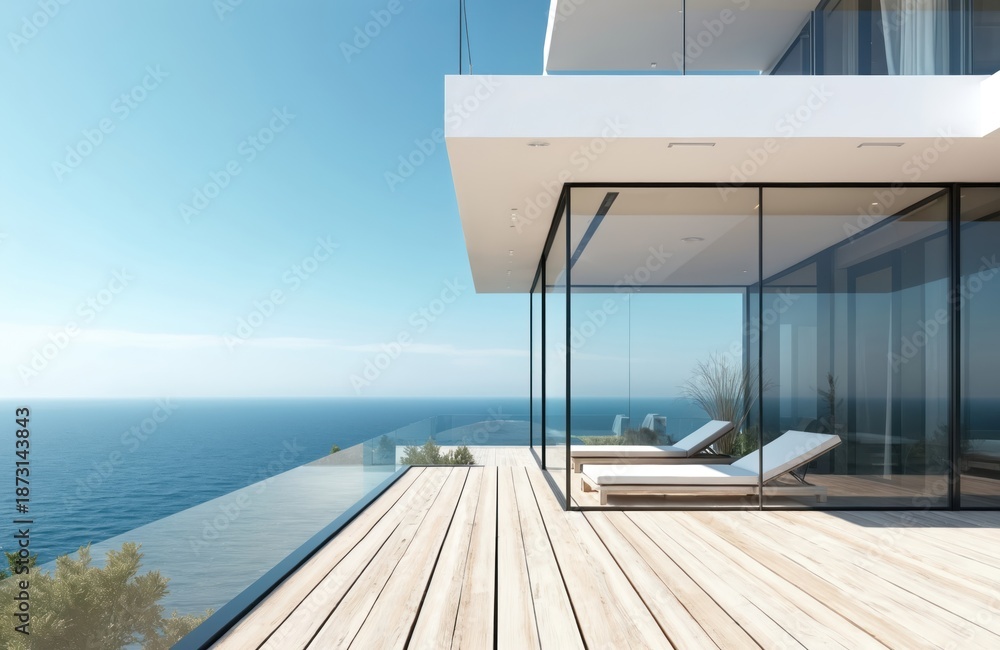 Fototapeta premium Modern seaside villa exterior design. White facade large glass windows balcony with ocean view. Wooden floor sun loungers. Clear blue sky over sea. Contemporary architecture luxury residence concept.