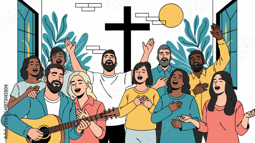 Diverse Group of People Singing Together in a Church Vector Illustration
