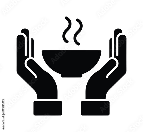Vector icon of hands holding steaming bowl of soup