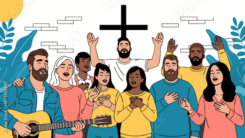 Diverse group of people vector illustration singing and raising hands with cross in background