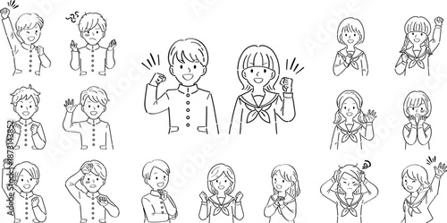 制服姿の学生の男女の上半身イラストセット・様々なポーズと表情（ガッツポーズ、考える、悩む）線画