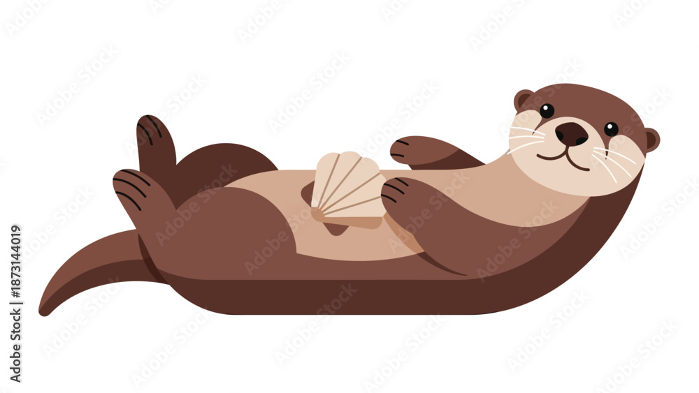 Obraz premium Adorable illustration of a playful sea otter floating with a seashell