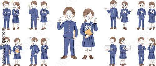 制服姿の男女の学生の全身イラストセット・様々なポーズと表情（説明、案内、疑問）