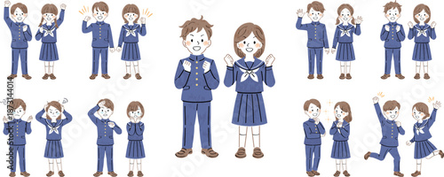 制服姿の男女の学生の全身イラストセット・様々なポーズと表情（ガッツポーズ、応援、悩む）