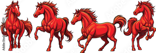 Red fiery horse character set with dynamic running poses, powerful fantasy animal vector illustration