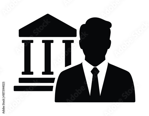 Vector silhouette of businessman standing near a classical building facade