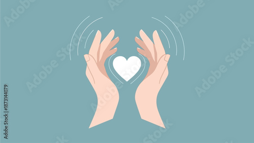 Hands cradling a heart with a soothing blue background