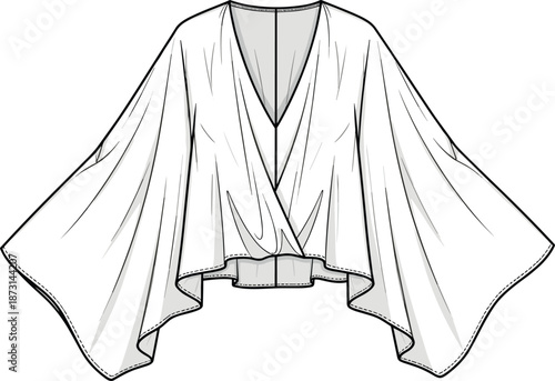 Women draped wrap blouse technical fashion template with wide sleeves and v neck design, elegant apparel concept, cad drawing flat vector illustration