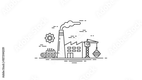 Industrial landscape with factory, crane, and train