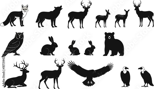 Wild animal silhouette collection featuring deer, wolf, bear, birds, and rabbit, black wildlife vector illustration set
