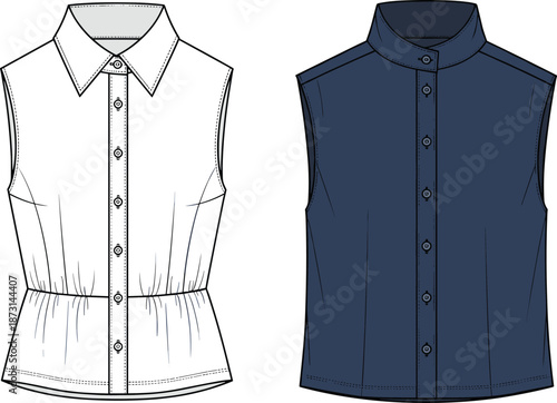 Women sleeveless blouse technical fashion template front view, button down top apparel design, cad drawing flat vector illustration isolated on white background studio style