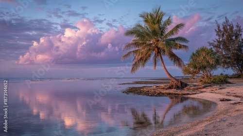 Palm tree leans over calm ocean with colorful, cloudy sunset reflection. Use this for tropical vacation ads, travel blogs, or inspirational designs.